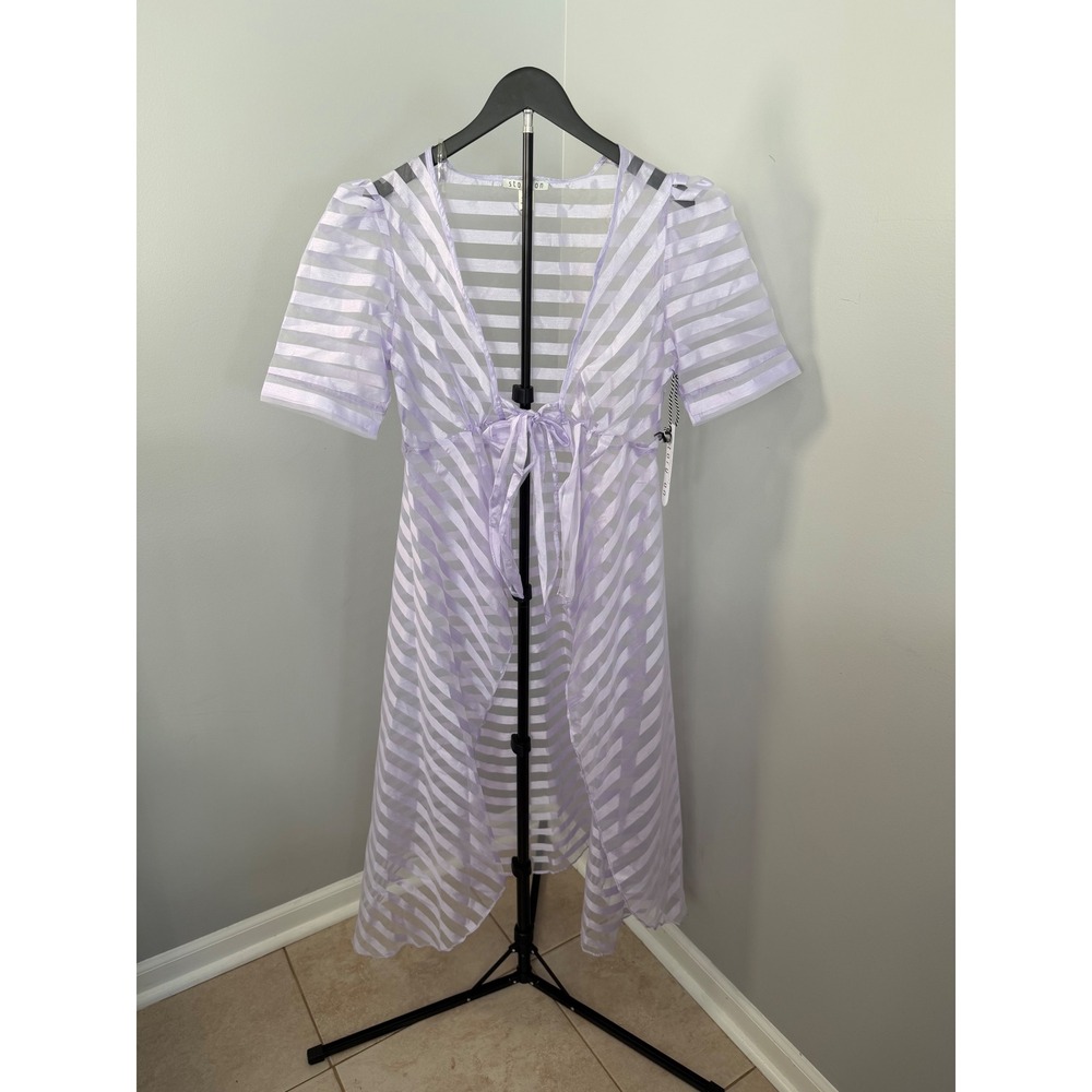 Story On Sheer Striped Duster Cardigan Women L Purple Tie Front Festival Boho
